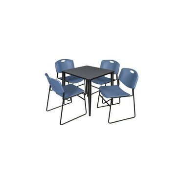 Regency Kahlo 30 in. Square Breakroom Table- Grey Top, Black Base & 4 Zeng Stack Chairs- Blue