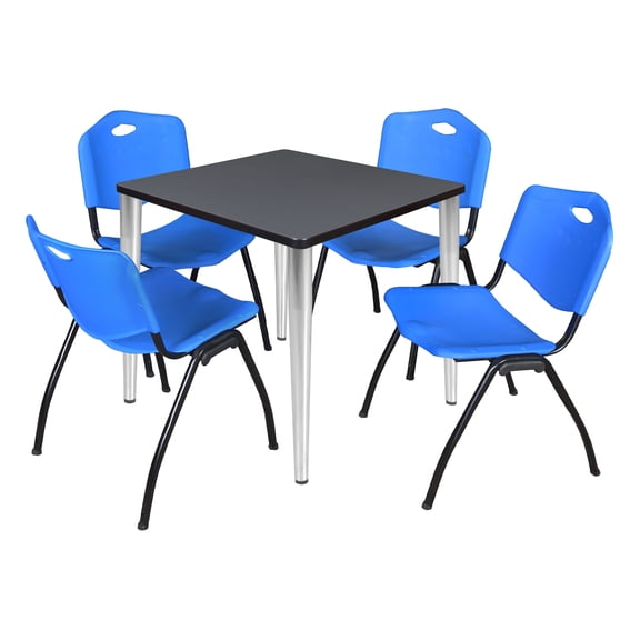 Regency Kahlo 30 in. Square Breakroom Table- Grey Top, Chrome Base & 4 M Stack Chairs- Blue