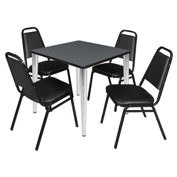 Regency Kahlo 30 in. Square Breakroom Table- Grey Top, Chrome Base & 4 Restaurant Stack Chairs- Black