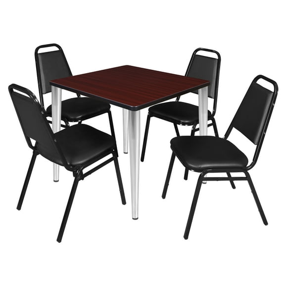 Regency Kahlo 30 in. Square Breakroom Table- Mahogany Top, Chrome Base & 4 Restaurant Stack Chairs- Black