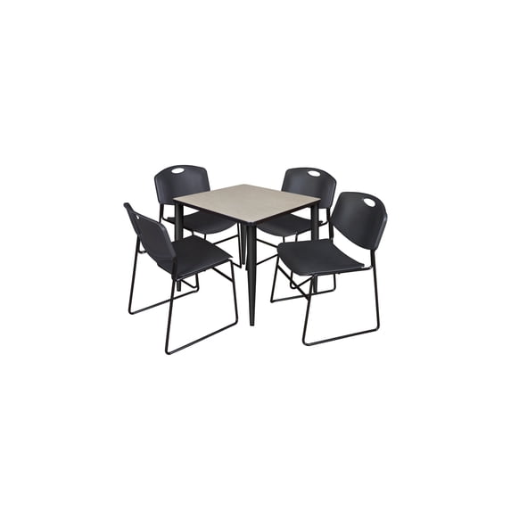 Regency Kahlo 30 in. Square Breakroom Table- Maple Top, Black Base & 4 Zeng Stack Chairs- Black