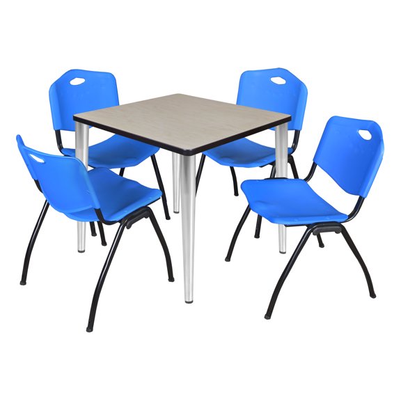 Kahlo 30" Square Breakroom Table- Maple Top- Chrome Base & 4 Stack Chairs- Blue