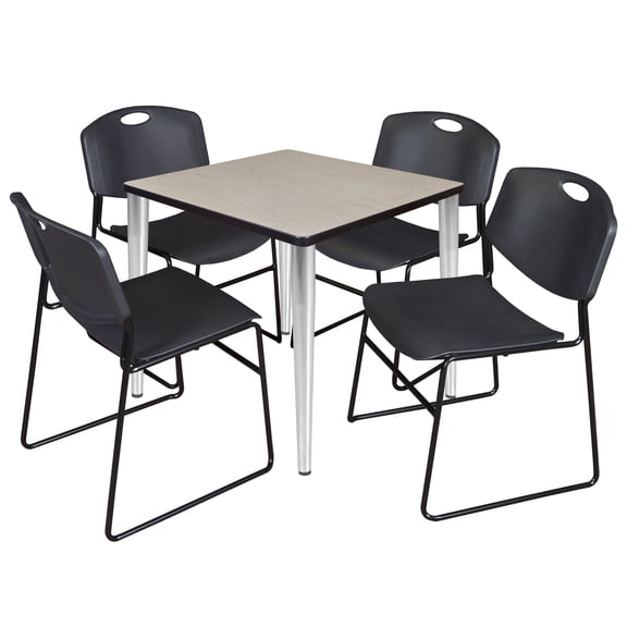 Regency Kahlo 30 in. Square Breakroom Table- Maple Top, Chrome Base & 4 Zeng Stack Chairs- Black