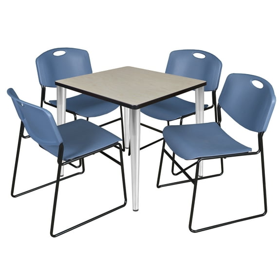 Regency Kahlo 30 in. Square Breakroom Table- Maple Top, Chrome Base & 4 Zeng Stack Chairs- Blue