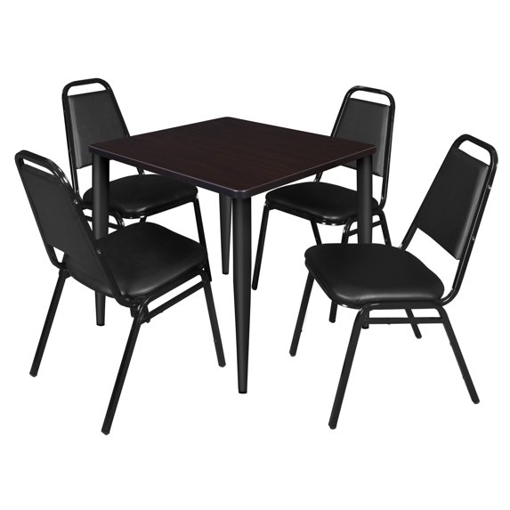 Regency Kahlo 30 in. Square Breakroom Table- Mocha Walnut Top, Black Base & 4 Restaurant Stack Chairs- Black