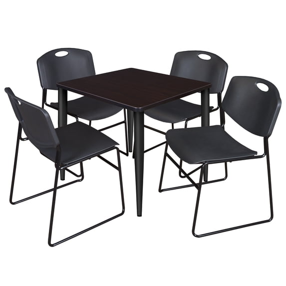 Regency Kahlo 30 in. Square Breakroom Table- Mocha Walnut Top, Black Base & 4 Zeng Stack Chairs- Black