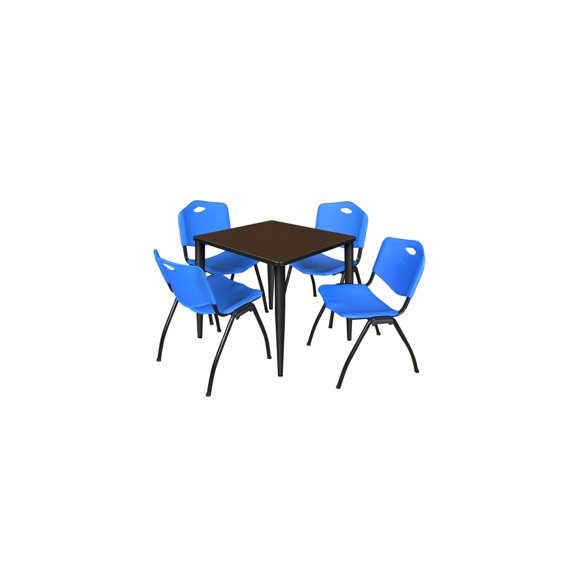 Regency Kahlo 30 in. Square Breakroom Table- Neo Walnut Top, Black Base & 4 M Stack Chairs- Blue
