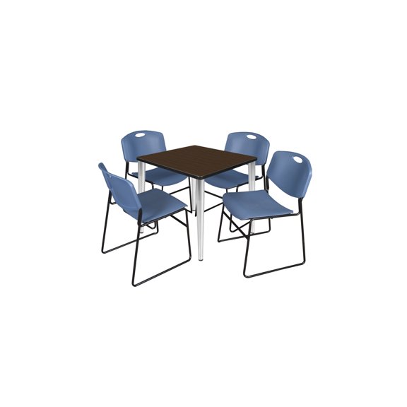 Regency Kahlo 30 in. Square Breakroom Table- Neo Walnut Top, Chrome Base & 4 Zeng Stack Chairs- Blue