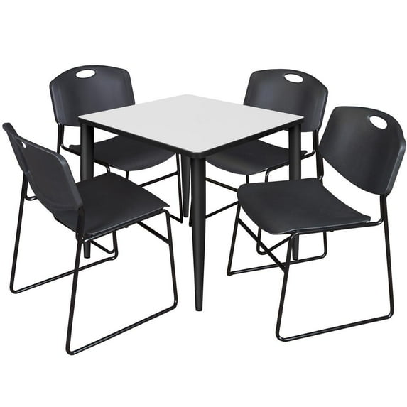 Regency Kahlo 30 in. Square Breakroom Table- White, Black Base & 4 Zeng Stack Chairs- Black