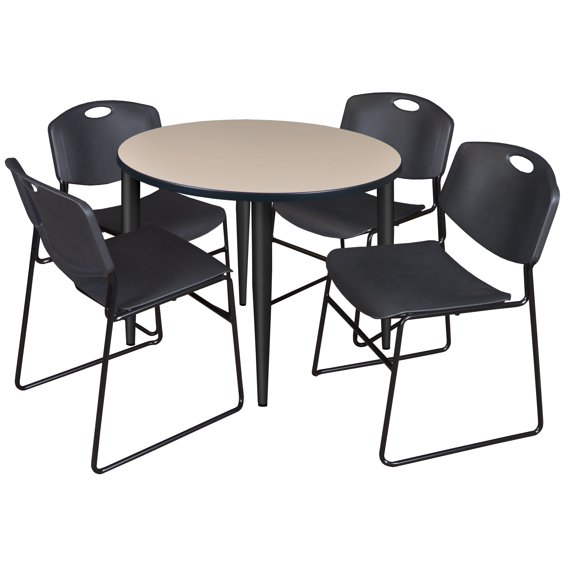 Regency Kahlo 36 in. Round Breakroom Table- Beige Top, Black Base & 4 Zeng Stack Chairs- Black