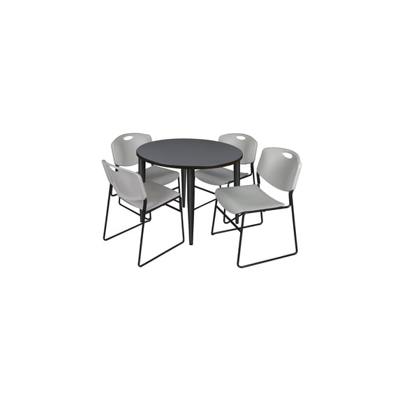 36" Round Breakroom Table- Grey Top- Black Base & 4 Zeng Stack Chairs- Grey
