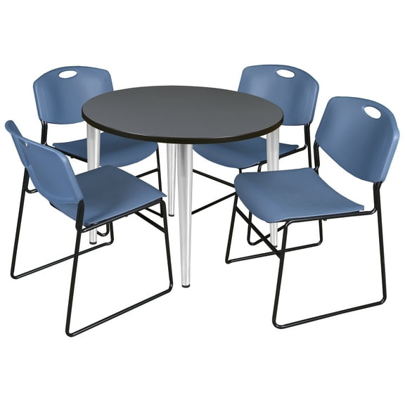 Regency Kahlo 36 in. Round Breakroom Table- Grey Top, Chrome Base & 4 Zeng Stack Chairs- Blue