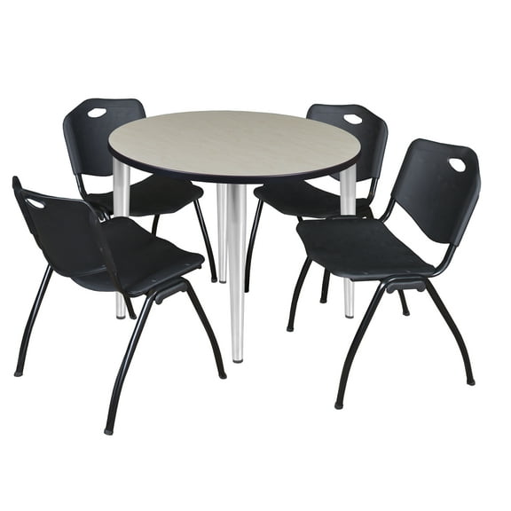 Regency Kahlo 36 in. Round Breakroom Table- Maple Top, Chrome Base & 4 M Stack Chairs- Black