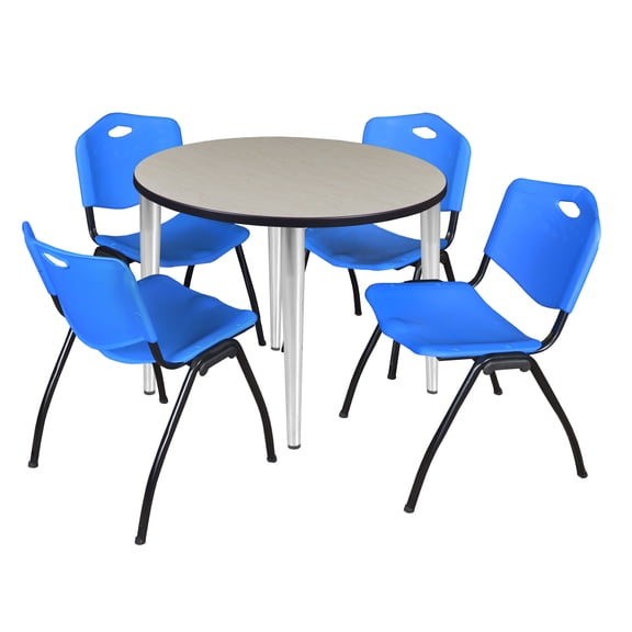 Regency Kahlo 36 in. Round Breakroom Table- Maple Top, Chrome Base & 4 M Stack Chairs- Blue