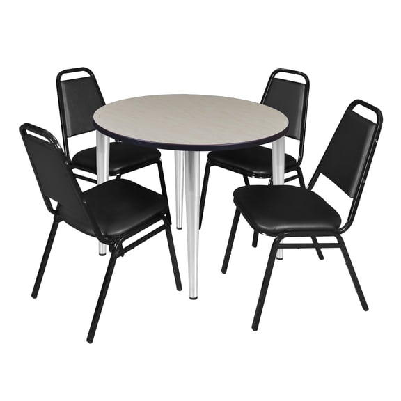 Regency Kahlo 36 in. Round Breakroom Table- Maple Top, Chrome Base & 4 Restaurant Stack Chairs- Black