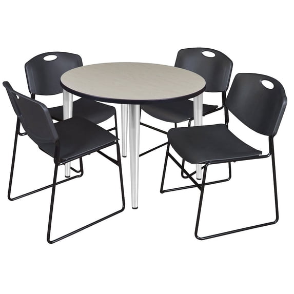 Regency Kahlo 36 in. Round Breakroom Table- Maple Top, Chrome Base & 4 Zeng Stack Chairs- Black