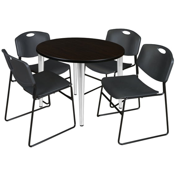 Regency Kahlo 36 in. Round Breakroom Table- Mocha Walnut Top, Chrome Base & 4 Zeng Stack Chairs- Black