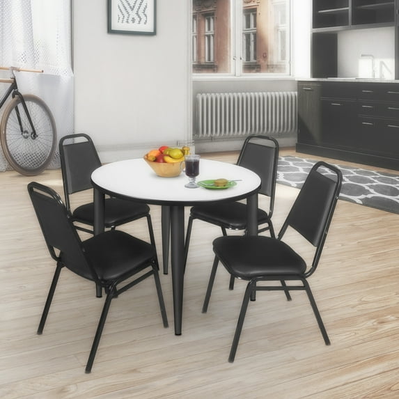 Regency Kahlo 36 in. Round Breakroom Table- White, Black Base & 4 Restaurant Stack Chairs- Black