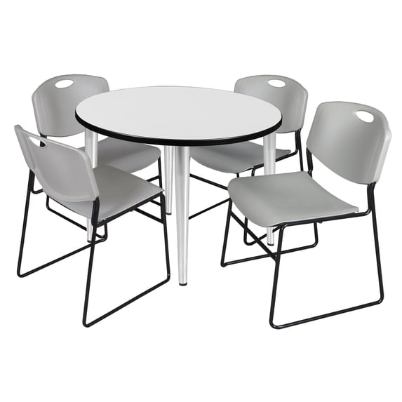 Regency Kahlo 36 in. Round Breakroom Table- White Top, Chrome Base & 4 Zeng Stack Chairs- Grey