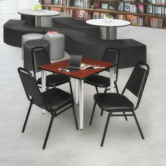 Regency Kahlo 36 in. Square Breakroom Table- Cherry Top, Chrome Base & 4 Restaurant Stack Chairs- Black