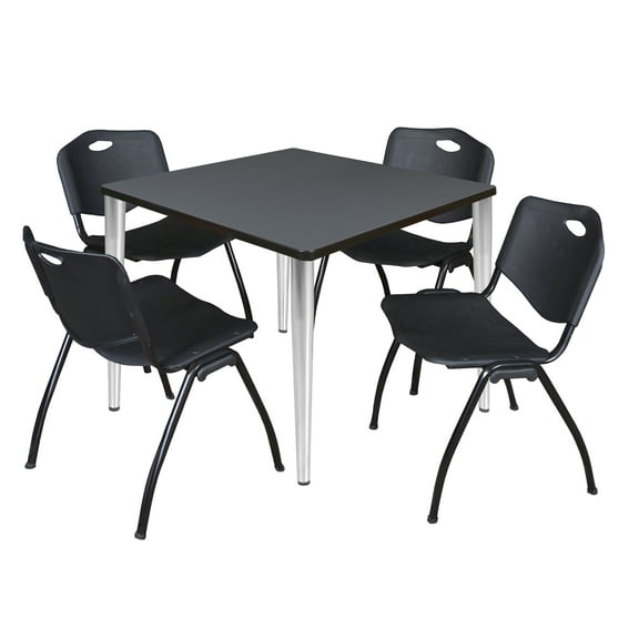 Regency Kahlo 36 in. Square Breakroom Table- Grey Top, Chrome Base & 4 M Stack Chairs- Black