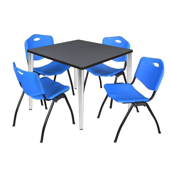 Regency Kahlo 36 in. Square Breakroom Table- Grey Top, Chrome Base & 4 M Stack Chairs- Blue