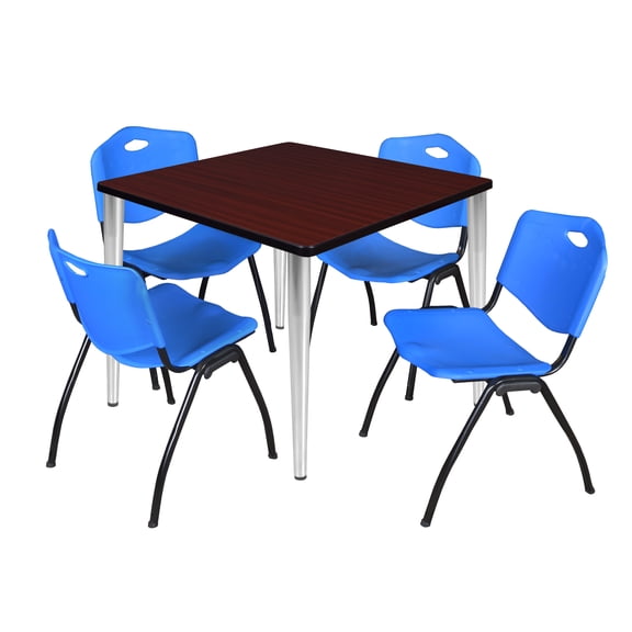 Regency Kahlo 36 in. Square Breakroom Table- Mahogany Top, Black Base & 4 M Stack Chairs- Blue