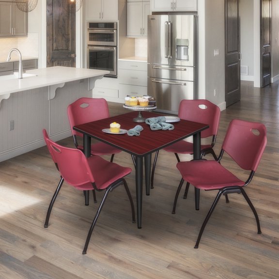 Regency Kahlo 36 in. Square Breakroom Table- Mahogany Top, Black Base & 4 M Stack Chairs- Burgundy