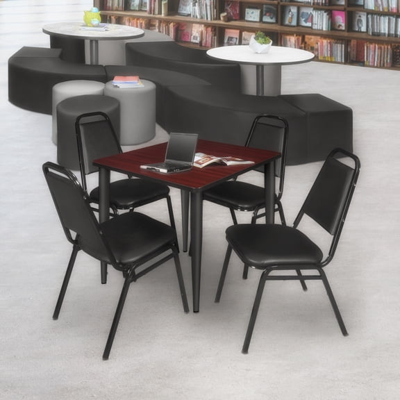 Regency Kahlo 36 in. Square Breakroom Table- Mahogany Top, Black Base & 4 Restaurant Stack Chairs- Black