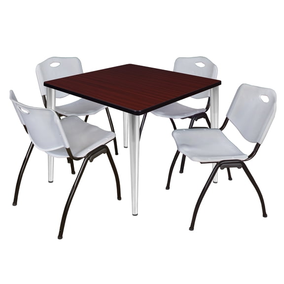 Regency Kahlo 36 in. Square Breakroom Table- Mahogany Top, Chrome Base & 4 M Stack Chairs- Grey