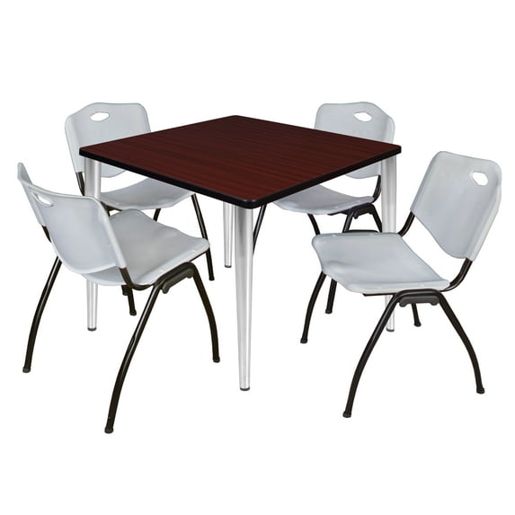Regency Kahlo 36 in. Square Breakroom Table- Mahogany Top, Chrome Base & 4 M Stack Chairs- Grey