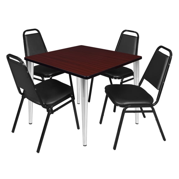 Regency Kahlo 36 in. Square Breakroom Table- Mahogany Top, Chrome Base & 4 Restaurant Stack Chairs- Black