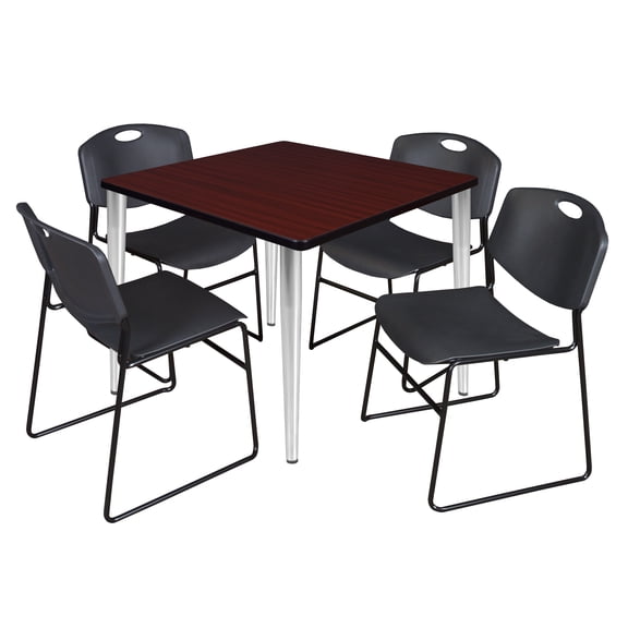 Regency Kahlo 36 in. Square Breakroom Table- Mahogany Top, Chrome Base & 4 Zeng Stack Chairs- Black