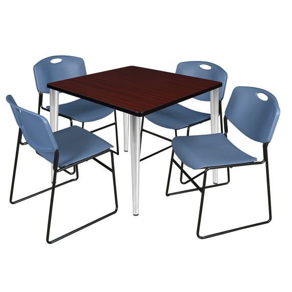 Regency Kahlo 36 in. Square Breakroom Table- Mahogany Top, Chrome Base & 4 Zeng Stack Chairs- Blue