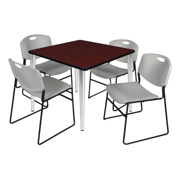 Regency Kahlo 36 in. Square Breakroom Table- Mahogany Top, Chrome Base & 4 Zeng Stack Chairs- Grey