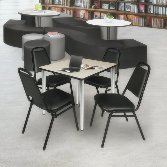 Regency Kahlo 36 in. Square Breakroom Table- Maple Top, Chrome Base & 4 Restaurant Stack Chairs- Black