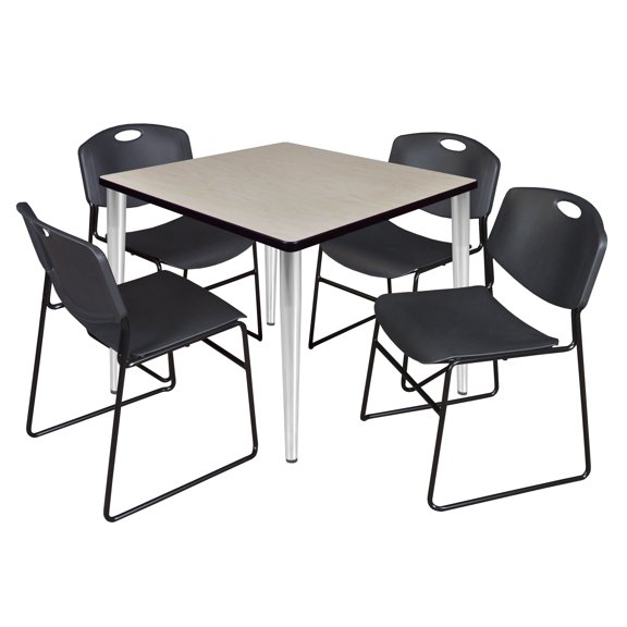 36" Square Breakroom Table- Maple Top- Chrome Base & 4 Zeng Stack Chairs- Black