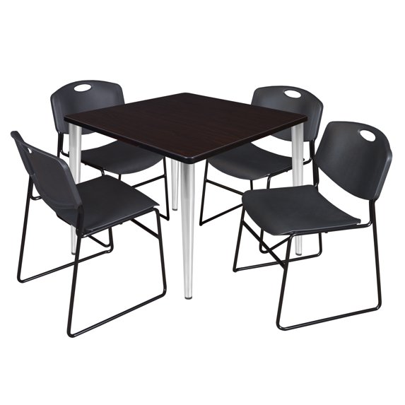 Regency Kahlo 36 in. Square Breakroom Table- Mocha Walnut Top, Chrome Base & 4 Zeng Stack Chairs- Black