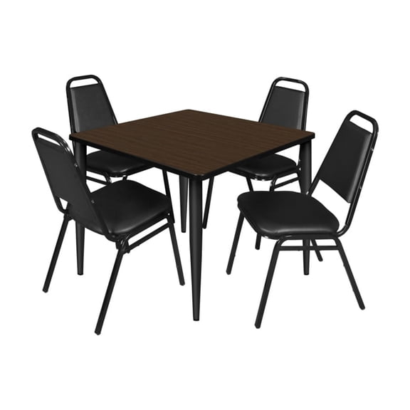 Regency Kahlo 36 in. Square Breakroom Table- Neo Walnut Top, Black Base & 4 Restaurant Stack Chairs- Black