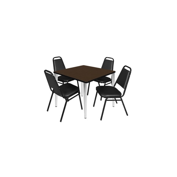 Regency Kahlo 36 in. Square Breakroom Table- Neo Walnut Top, Chrome Base & 4 Restaurant Stack Chairs- Black