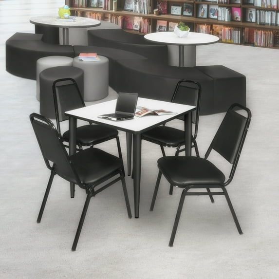 Regency Kahlo 36 in. Square Breakroom Table- White, Black Base & 4 Restaurant Stack Chairs- Black