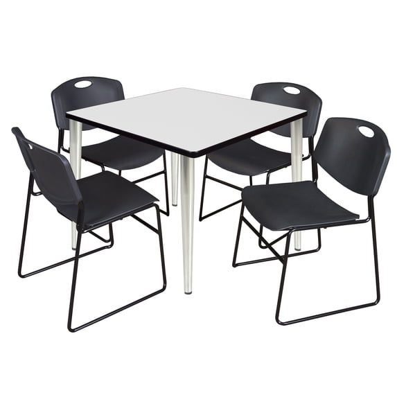 Regency Kahlo 36 in. Square Breakroom Table- White Top, Chrome Base & 4 Zeng Stack Chairs- Black