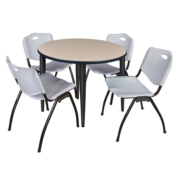 Regency Kahlo 42 in. Round Breakroom Table- Beige Top, Black Base & 4 M Stack Chairs- Grey