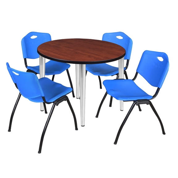 Kahlo 42" Round Breakroom Table- Cherry Top- Chrome Base & 4 Stack Chairs- Blue