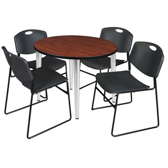 42" Round Breakroom Table- Cherry Top- Chrome Base & 4 Zeng Stack Chairs- Black