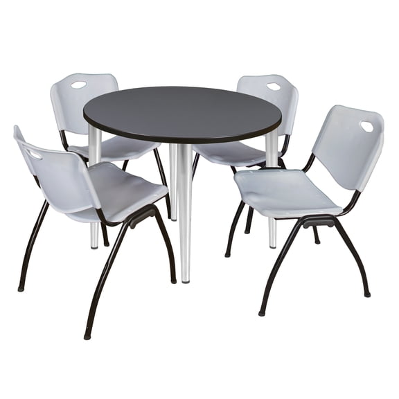 Kahlo 42 in. Round Breakroom Table- Grey Top- Chrome Base & 4 Stack Chairs- Grey