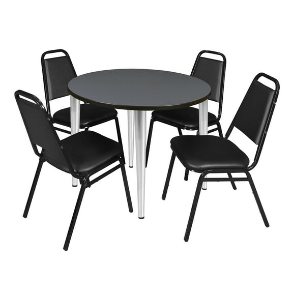 Regency Kahlo 42 in. Round Breakroom Table- Grey Top, Chrome Base & 4 Restaurant Stack Chairs- Black