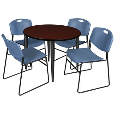 Regency Kahlo 42 in. Round Breakroom Table- Mahogany Top, Black Base & 4 Zeng Stack Chairs- Blue