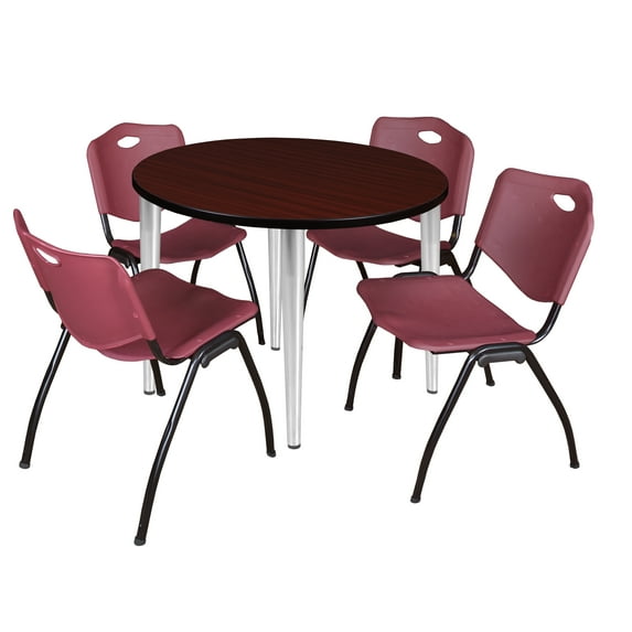 42" Round Breakroom Table- Mahogany Top- Chrome Base & 4 Stack Chairs- Burgundy