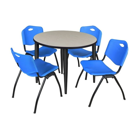 Kahlo 42 in. Round Breakroom Table- Maple Top- Black Base & 4 Stack Chairs- Blue